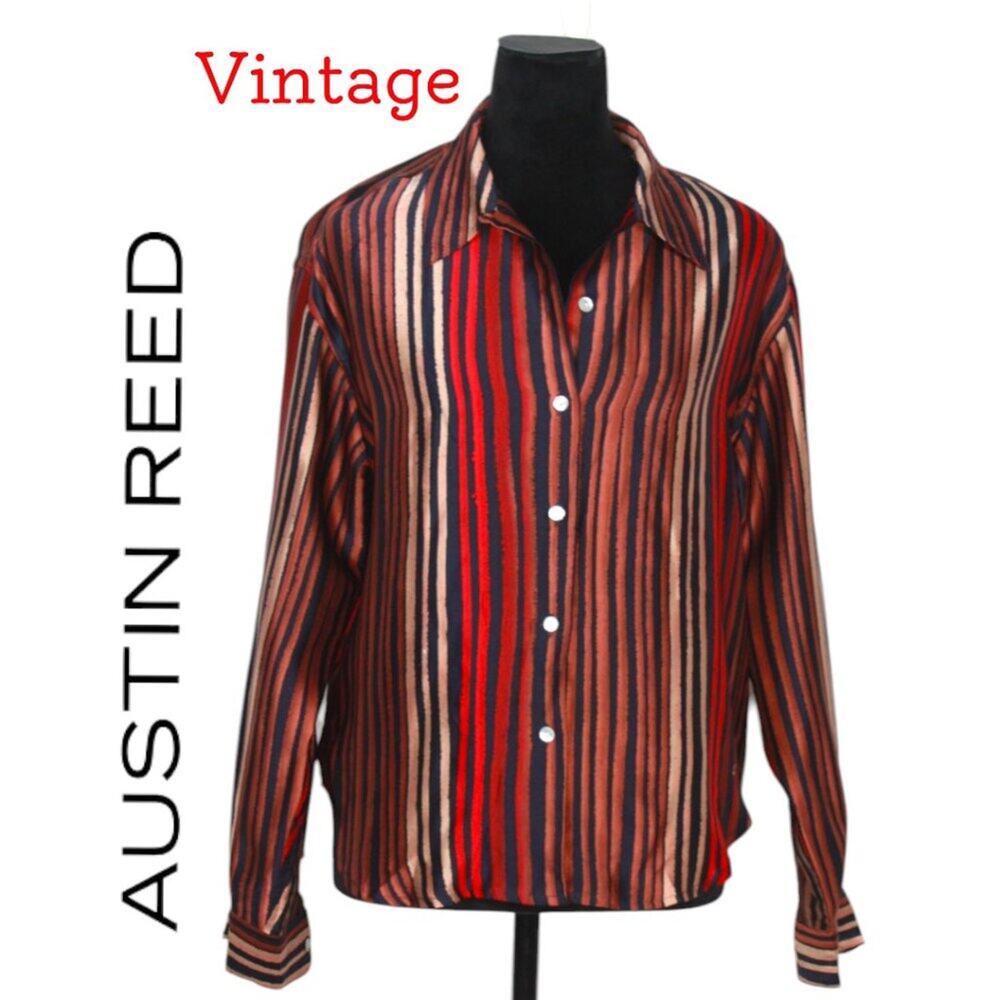 Vintage Austin Reed  Striped 100% Silk Button Down Blouse Size 12P